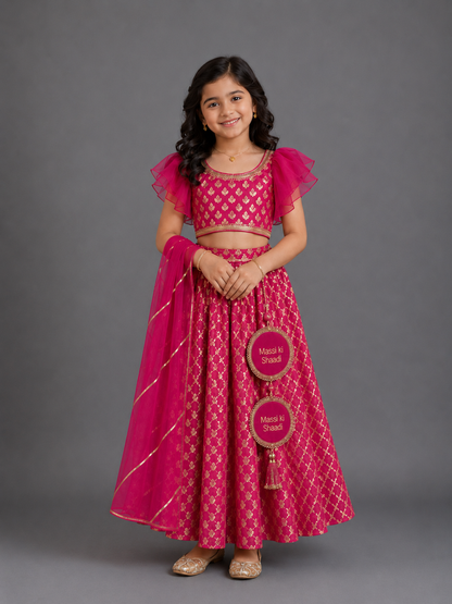 One off shoulder blouse with attached dupatta and chanderi Lehnga(MAASI KI SHAADI)