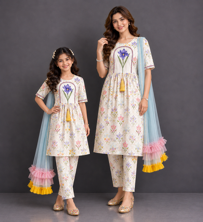 Off White Floral hand paint print kurta set