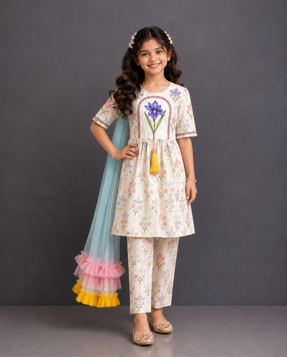 Off White Floral hand paint print kurta set