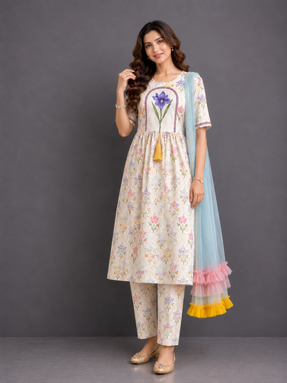 Off White Floral hand paint print kurta set