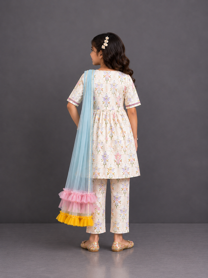 Off White Floral hand paint print kurta set