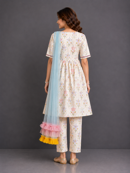Off White Floral hand paint print kurta set