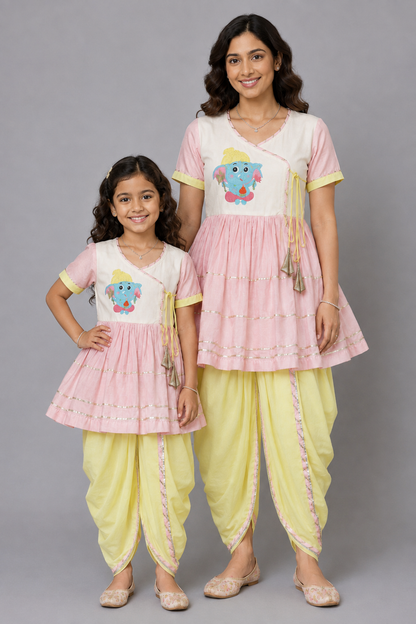 Ganpati embroidered pink yellow dhoti set