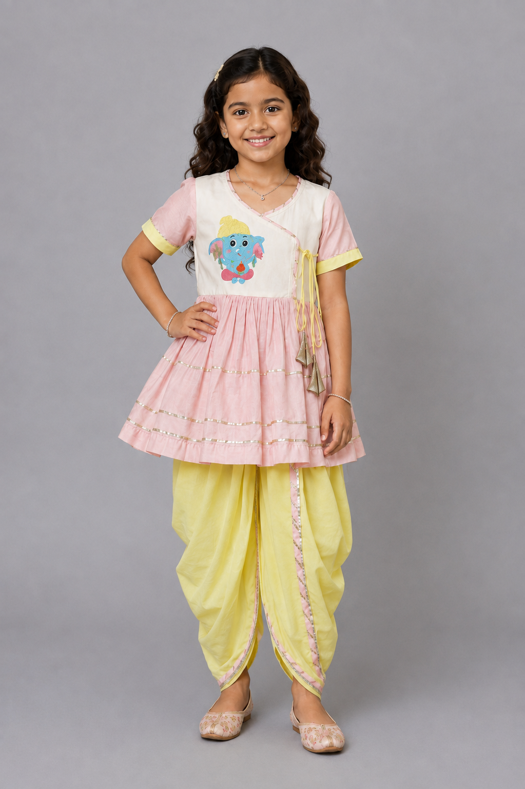 Ganpati embroidered pink yellow dhoti set