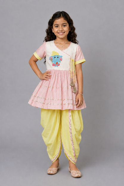 Ganpati embroidered pink yellow dhoti set