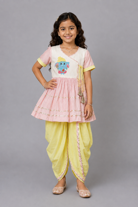Ganpati embroidered pink yellow dhoti set