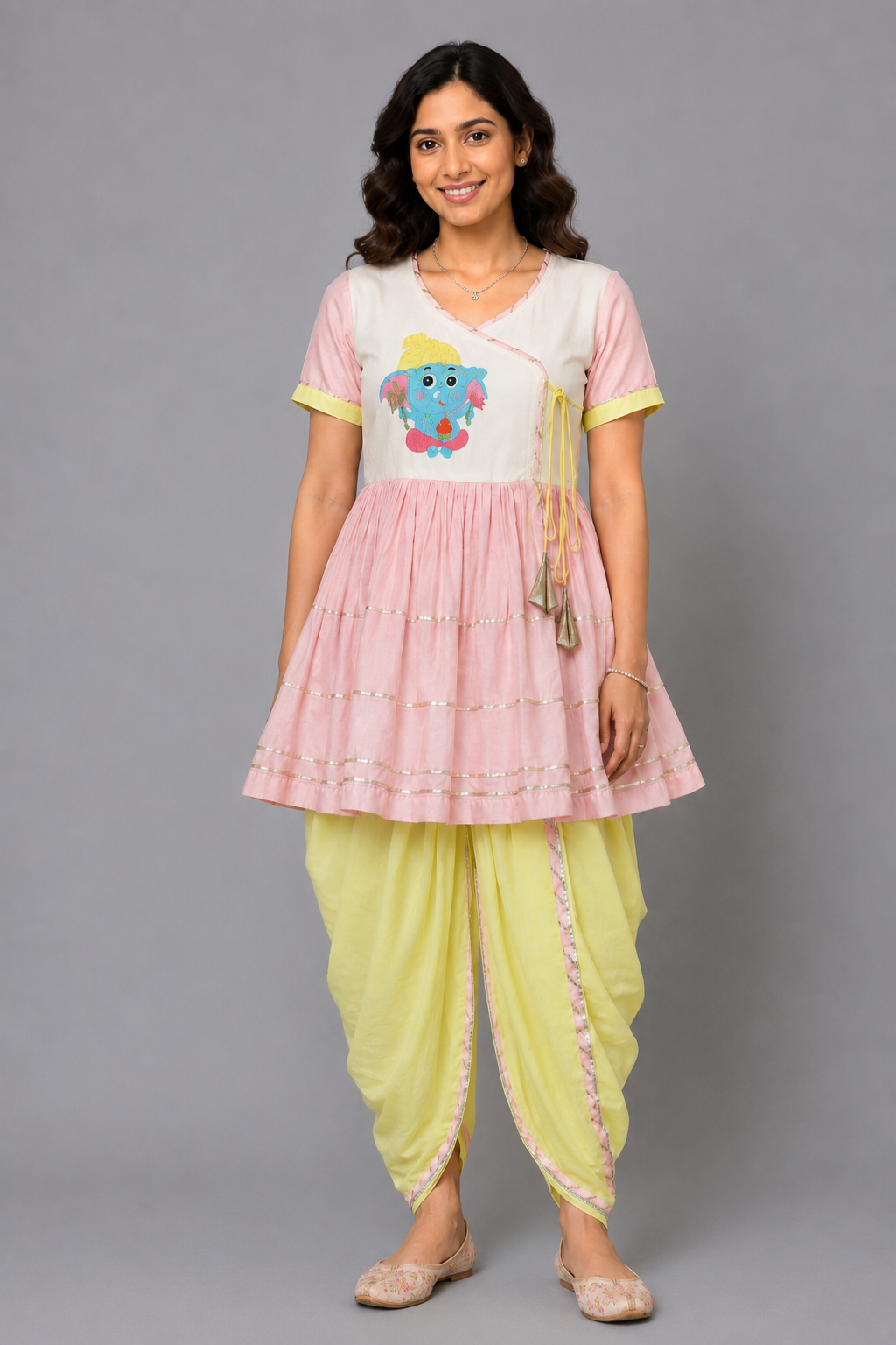 Ganpati embroidered pink yellow dhoti set