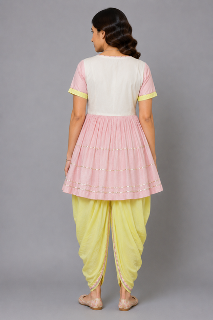Ganpati embroidered pink yellow dhoti set