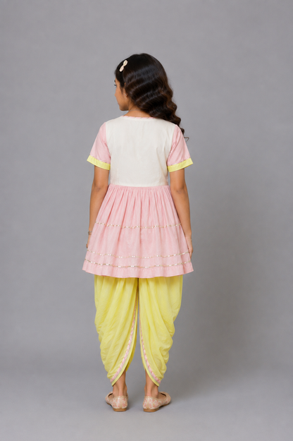 Ganpati embroidered pink yellow dhoti set
