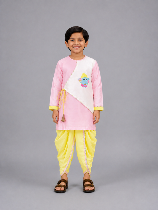 Pink and white Ganpati embroidery  Dhoti set