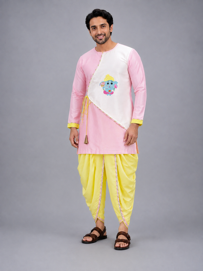 Pink and white Ganpati embroidery  Dhoti set