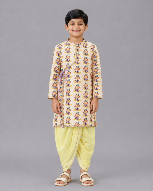 Ganpati Print kurta  Yellow dhoti set