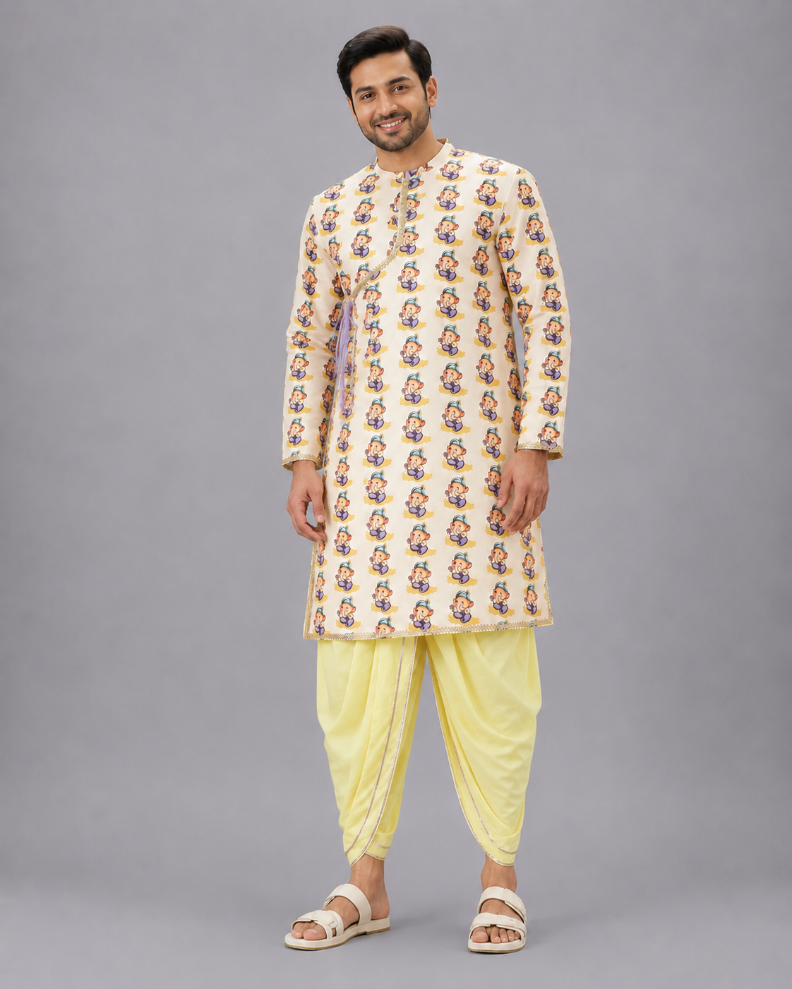 Ganpati Print kurta  Yellow dhoti set