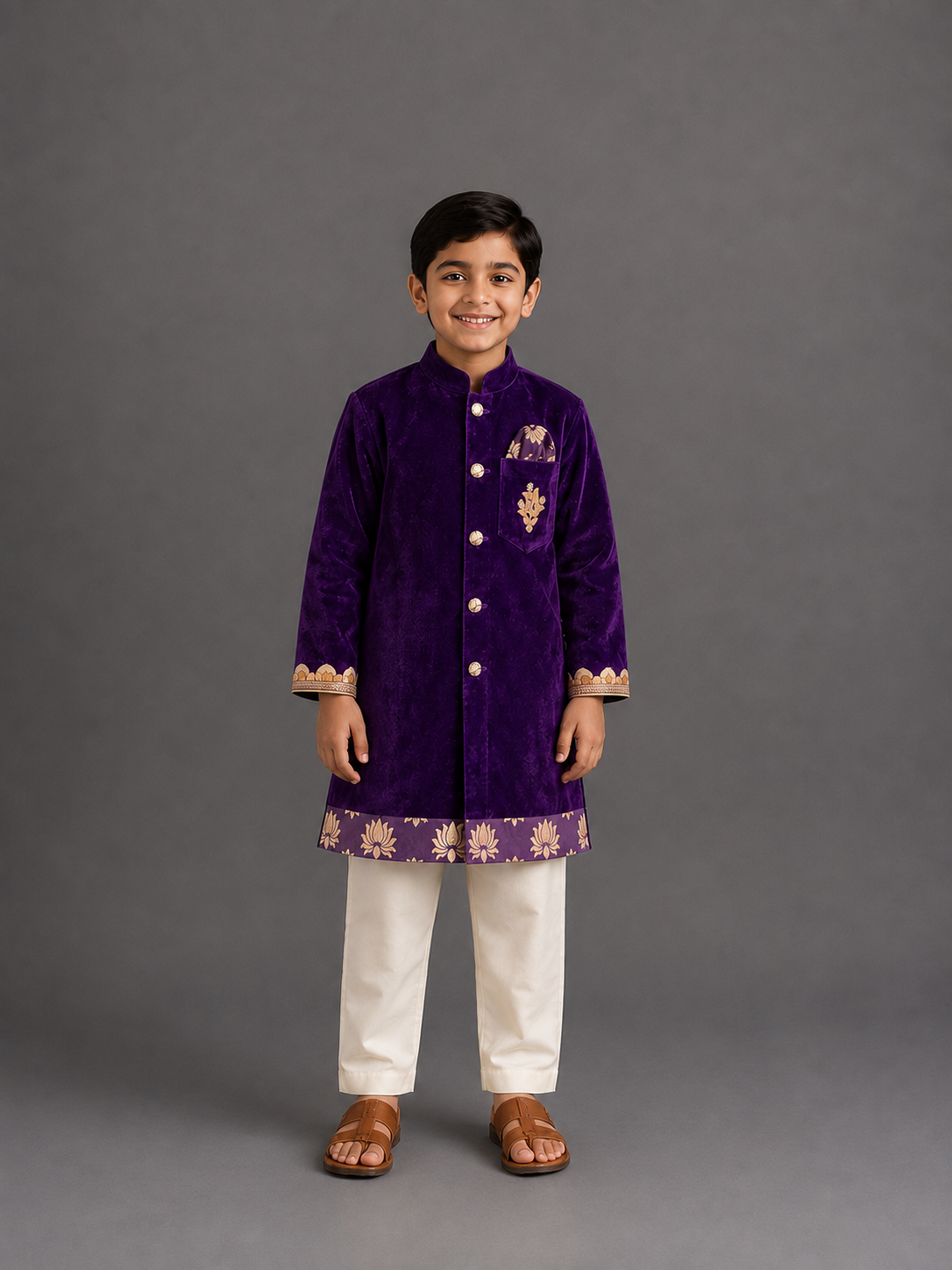 Purple Velvet Lotus Print kurta Set