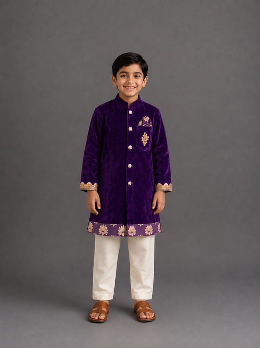 Purple Velvet Lotus Print kurta Set