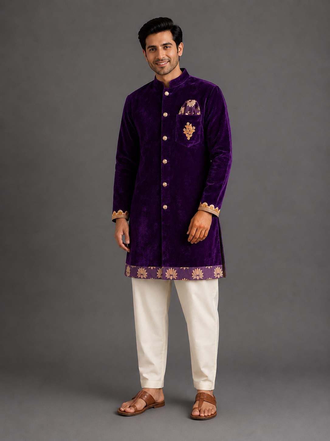 Purple Velvet Lotus Print kurta Set