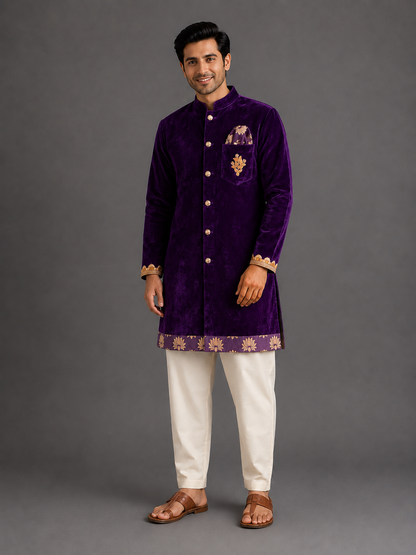 Purple Velvet Lotus Print kurta Set