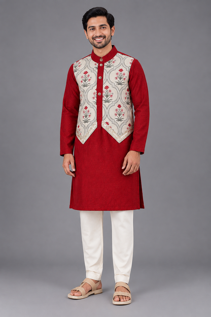 Maroon Mughal Printed Kurta Pyjama set