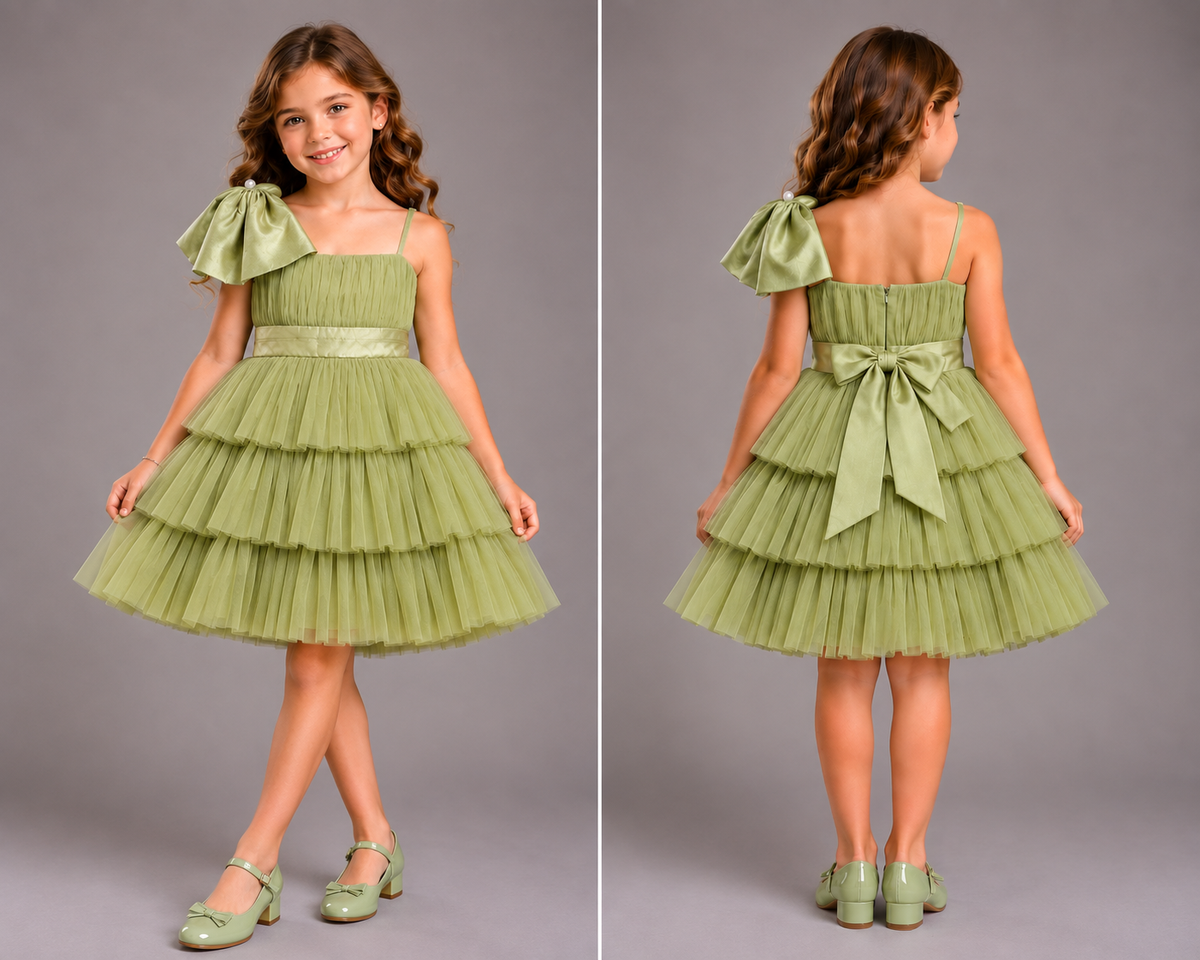 Green Net Reffled  Dress