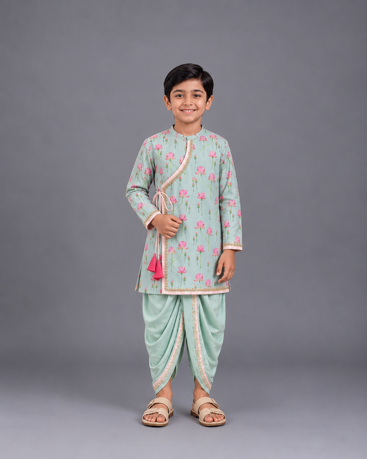 Mint Green lotus Print Kurta Dhoti Set