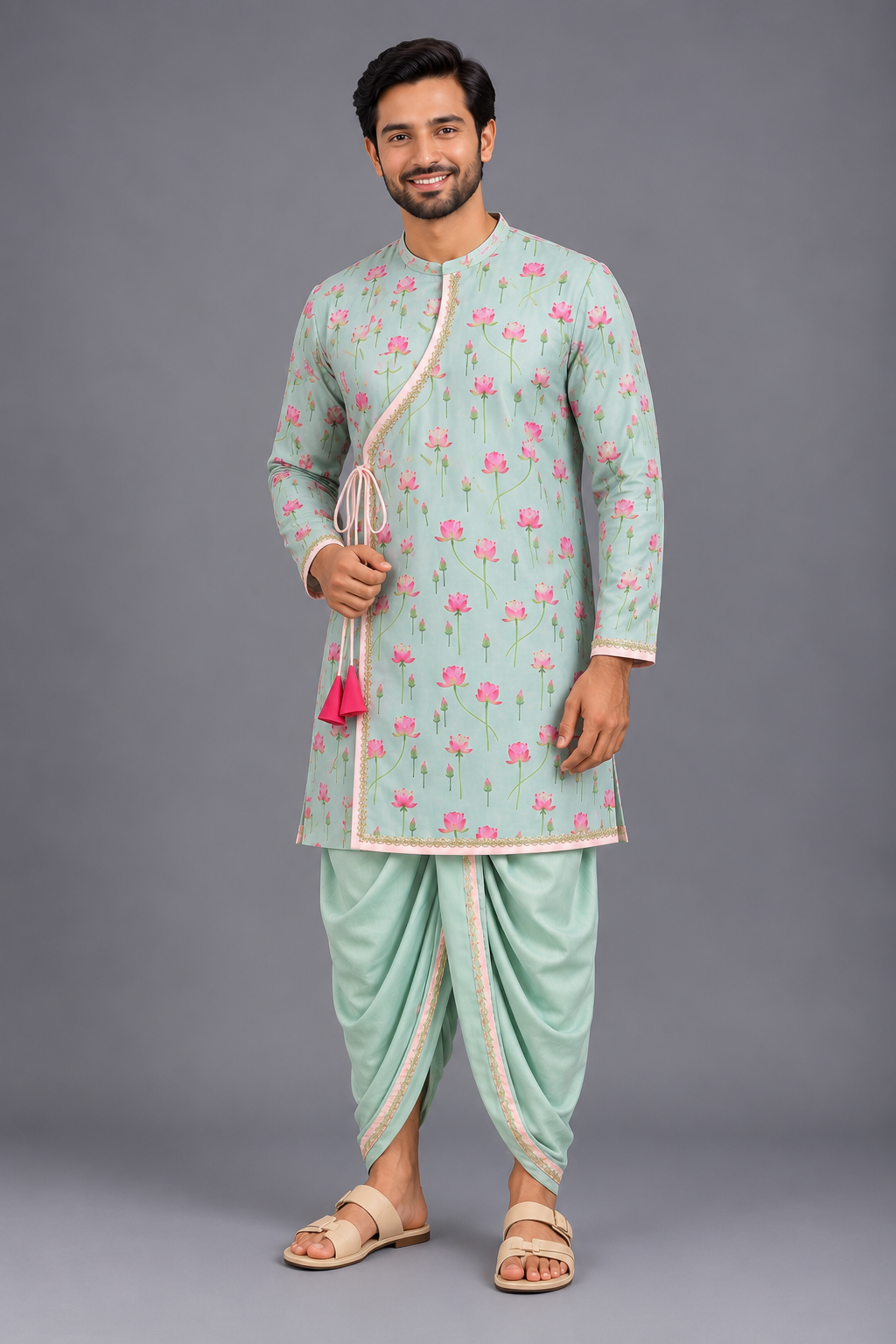 Mint Green lotus Print Kurta Dhoti Set