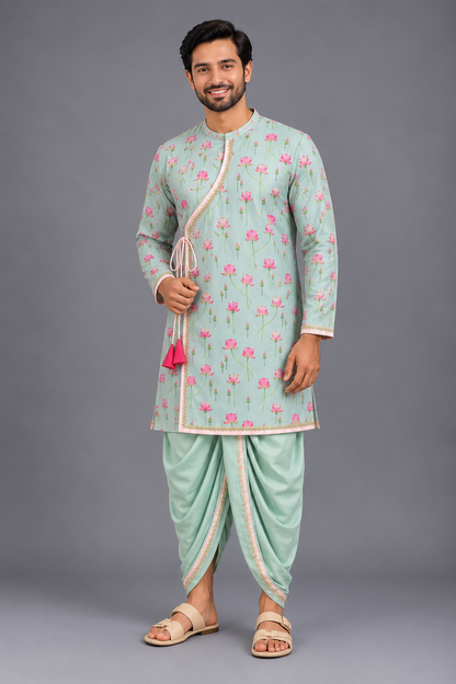 Mint Green lotus Print Kurta Dhoti Set