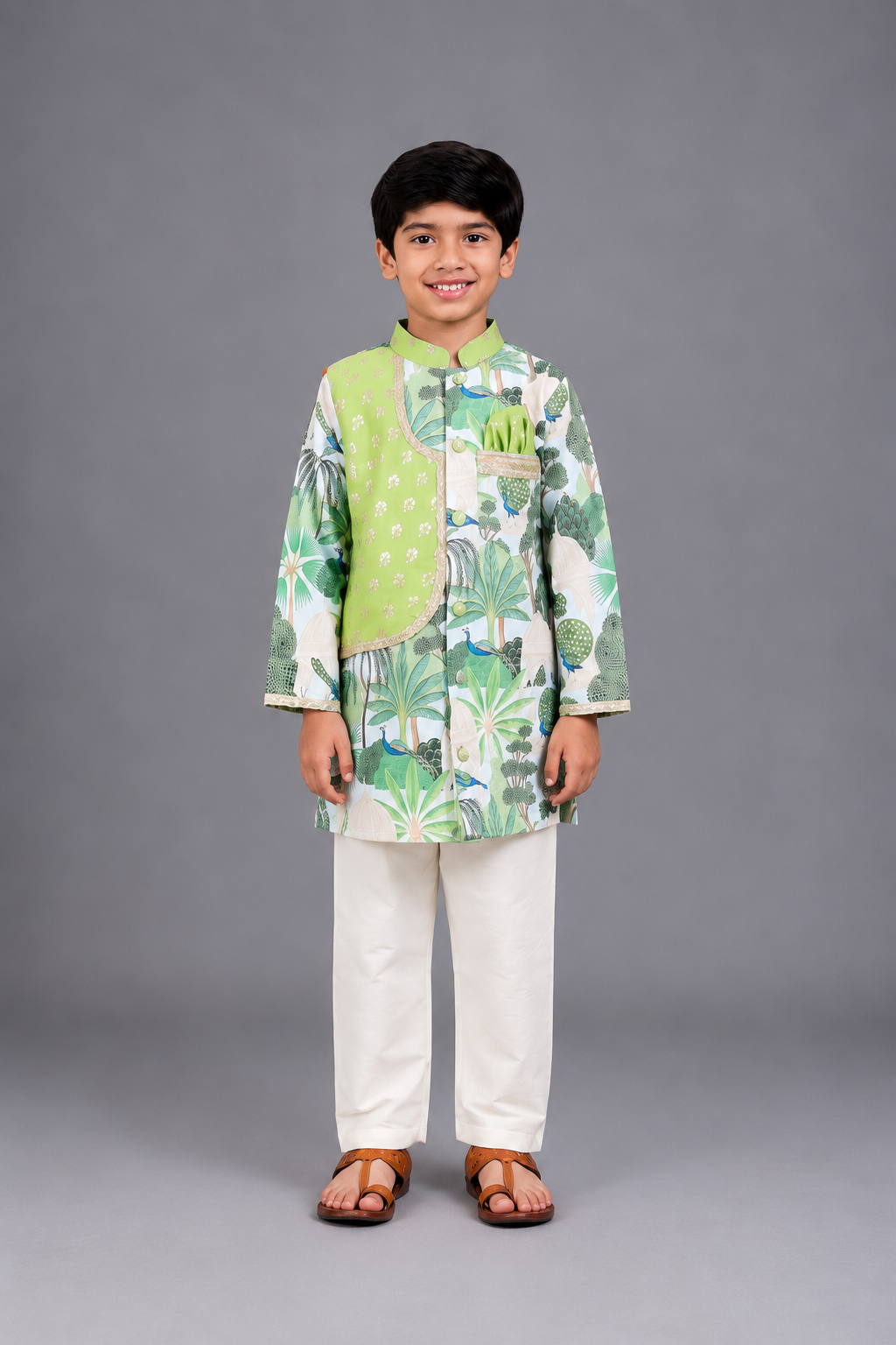 Green jungle printed kurta pyjama with chanderi panels