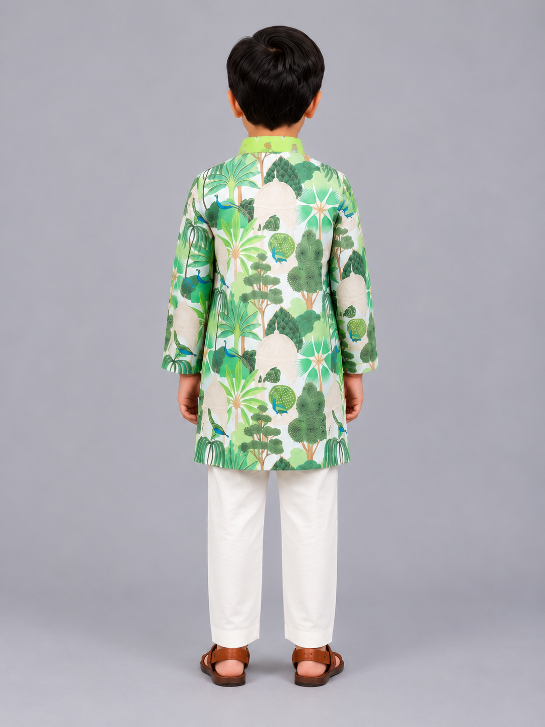 Green jungle printed kurta pyjama with chanderi panels