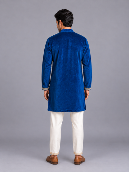 Blue Velvet bandhgala embroidery set with Offwhite trousers