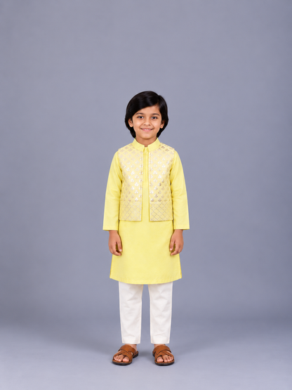 Lime Yellow  kurta with Attached Jacket and Pyjama