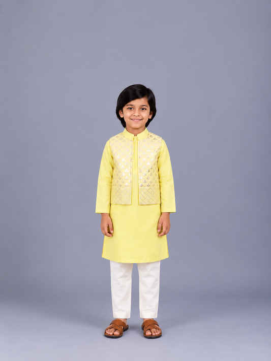 Lime Yellow  kurta with Attached Jacket and Pyjama