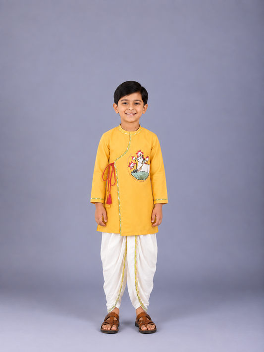 Mustard Pichwai Embroidered Angrakha Kurta Dhoti  Set