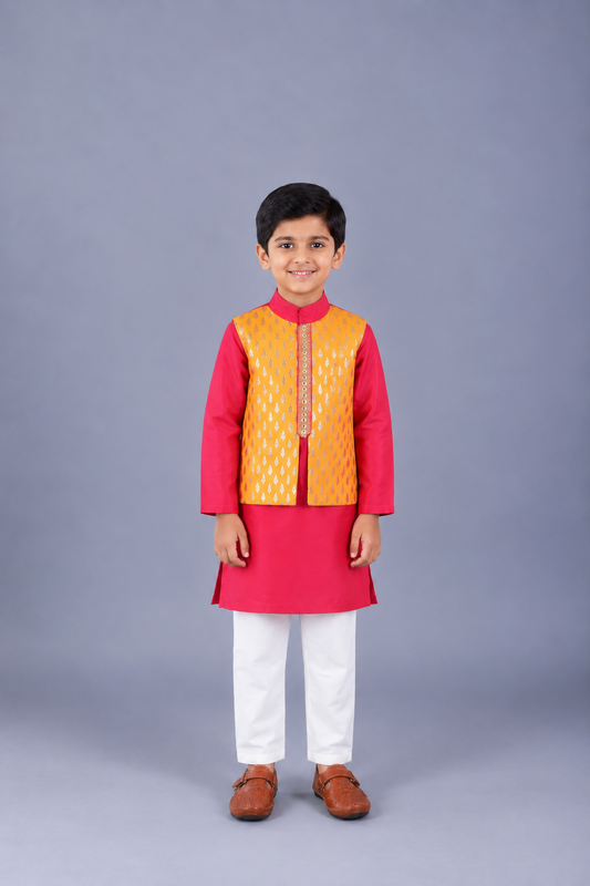 Fuschia Pink kurta with Yellow Zari attached Jacket with Pyjama