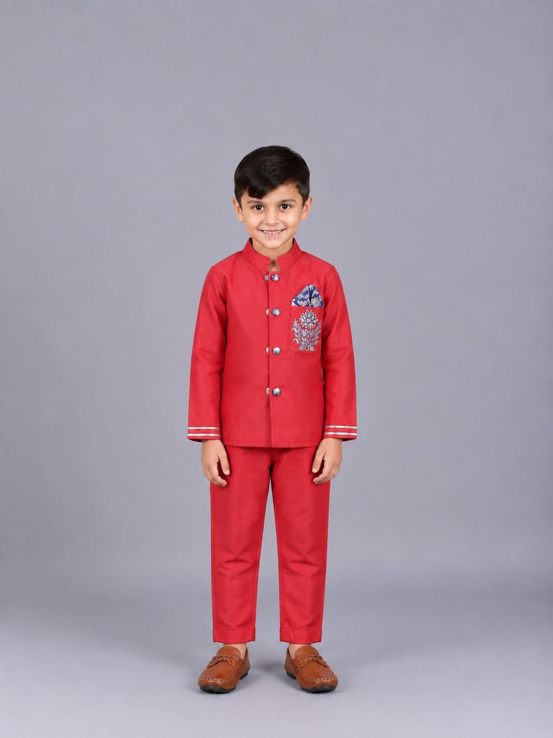 Red Embroidered silk Bandhgala set