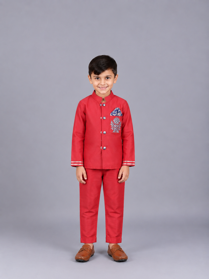 Red Embroidered silk Bandhgala set