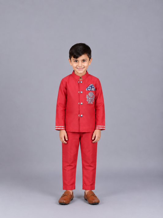 Red Embroidered silk Bandhgala set
