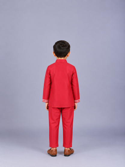 Red Embroidered silk Bandhgala set