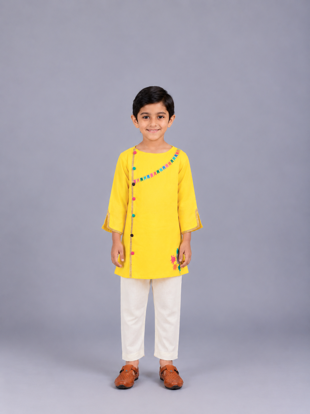 Colorful Yellow Holi Bucket Embroidered  Kurta Pyjama set