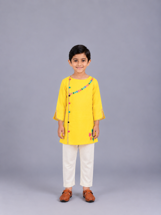 Colorful Yellow Holi Bucket Embroidered  Kurta Pyjama set