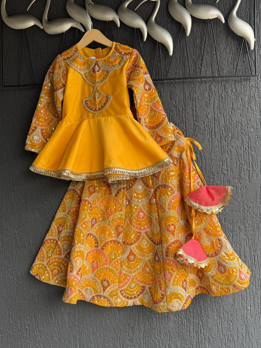 Mustard yellow  Embroidery Peplum  lehenga  set
