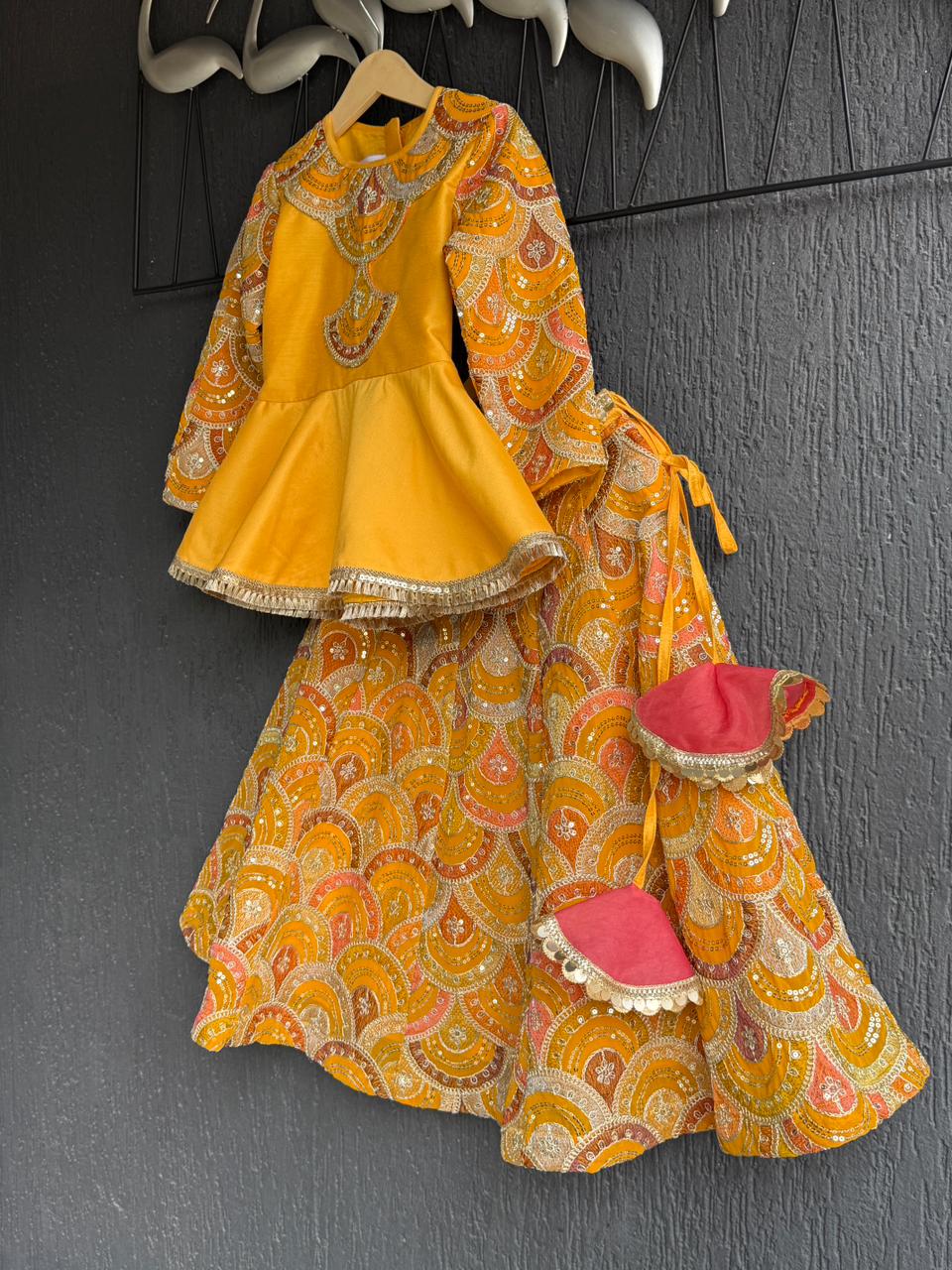 Mustard yellow  Embroidery Peplum  lehenga  set