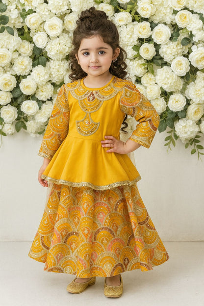 Mustard yellow  Embroidery Peplum  lehenga  set