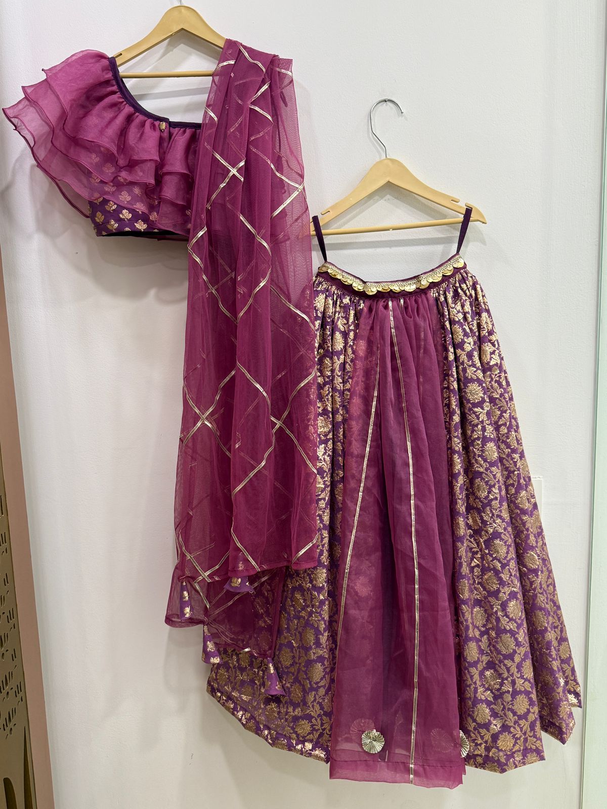 Dusky Purple Off shoulder organza frill chanderi lehnga set(MAASI KI SHAADI)