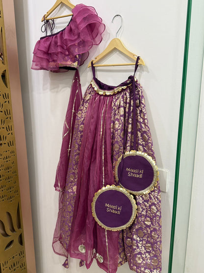Dusky Purple Off shoulder organza frill chanderi lehnga set(MAASI KI SHAADI)