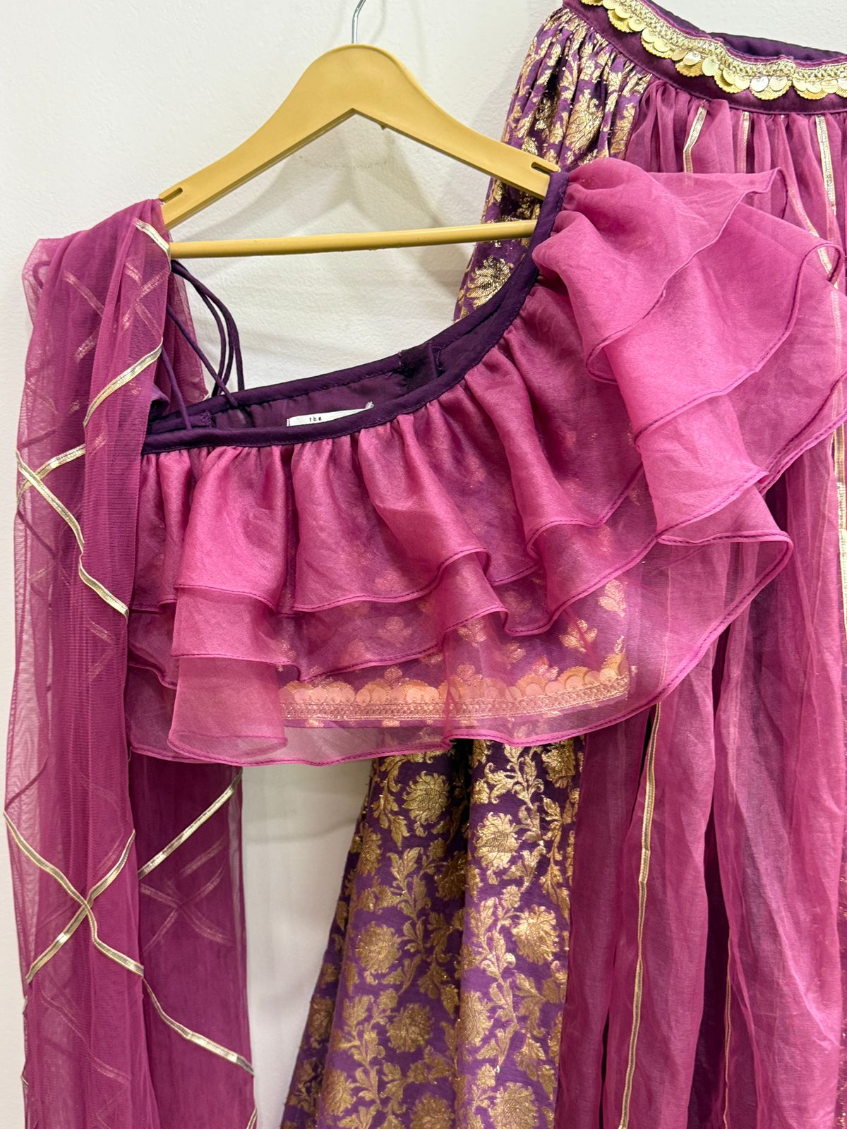 Dusky Purple Off shoulder organza frill chanderi lehnga set(MAASI KI SHAADI)