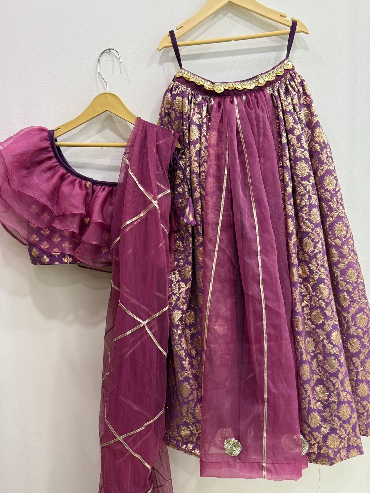 Dusky Purple Off shoulder organza frill chanderi lehnga set(MAASI KI SHAADI)