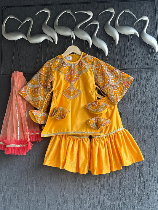 Embroidered Mustard Kurta sharara set With Net Dupatta