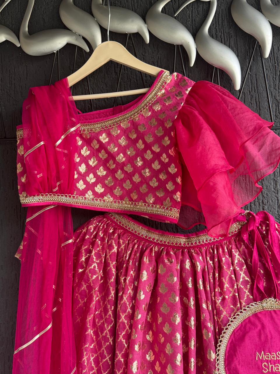 One off shoulder blouse with attached dupatta and chanderi Lehnga(MAASI KI SHAADI)