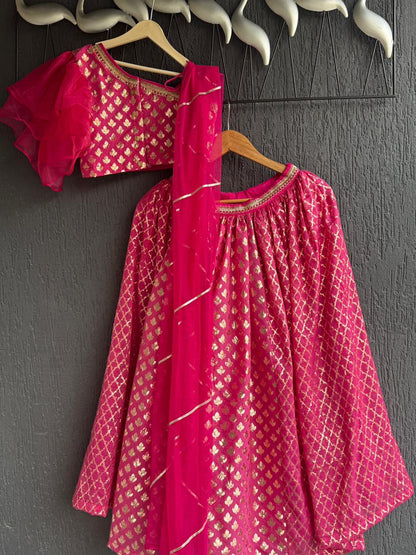 One off shoulder blouse with attached dupatta and chanderi Lehnga(MAASI KI SHAADI)