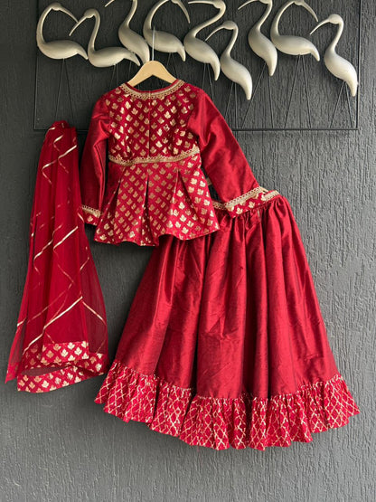 Deep Red peplum chanderi blouse lehnga ( MAASI KI SHAADI)